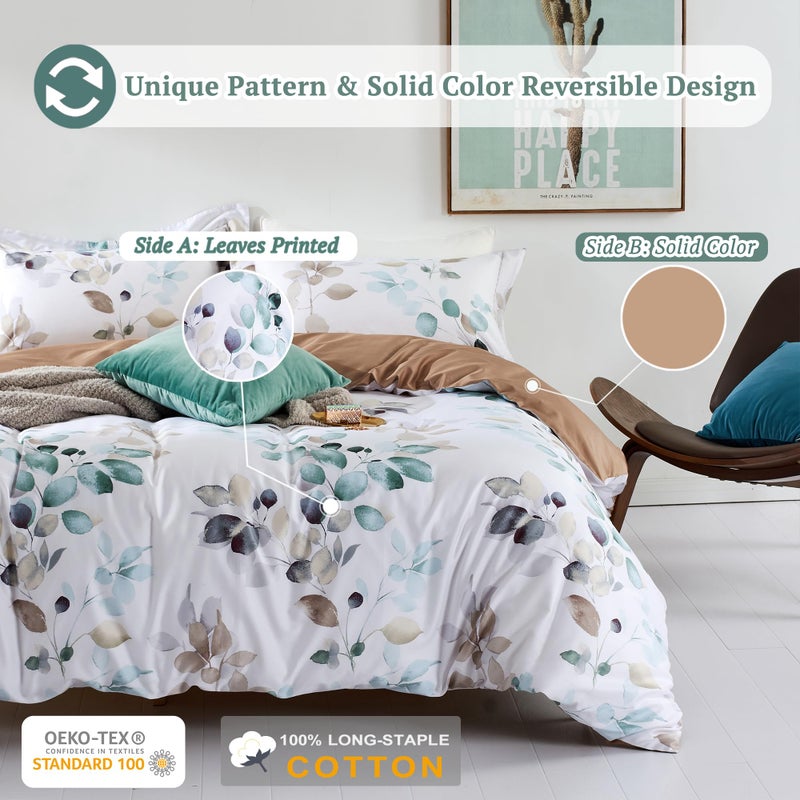 MILDLY 100% Long-Staple Cotton Duvet Cover Set Teal Blue Green Leaf Pattern Printed Comforter Cover 2pcs, Ultra Soft & Breathable Bedding Set - Image 3